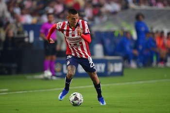 August 4, 2024; Carson, California, USA; Chivas midfielder Roberto Alvarado (25) moves the ball against LA Galaxy during the first half at Dignity Health Sports Park. Mandatory Credit: Gary A. Vasquez-USA TODAY Sports