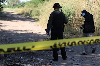 SENSITIVE MATERIAL. THIS IMAGE MAY OFFEND OR DISTURB   Mexican security forces respond at the scene of a crime where two were killed amid a wave of violence between armed groups in Culiacan, Mexico October 6, 2024 REUTERS/Jesus Bustamante