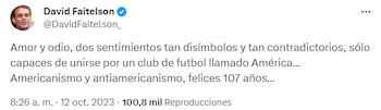 David Faitelson reconoció la idiosincrasia de las Águilas y los sentimientos que puede llegar a generar entre los aficionados.

Foto: Captura de pantalla, Twitter/David Faitelson