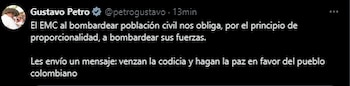 Gustavo Petro ordenó bombardear disidencias de las Farc en El Plateado - crédito @PetroGustavo/X