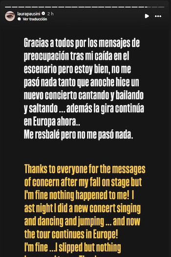 Tras el accidente en el escenario, Pausini confirma en redes sociales que fue solo un resbalón (Instagram/@laurapausini)