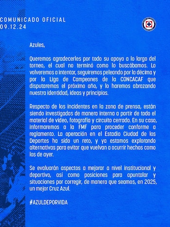 Esto dijo Cruz Azul sobre la agresión a un reportero al término del Cruz Azul vs América (X/ @CruzAzul)