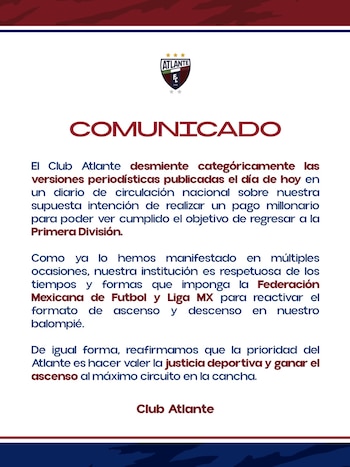 Comunicado del Atlante sobre su