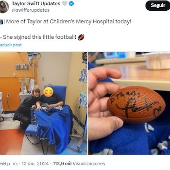 Taylor Swift firmó un balón de fútbol americano, libros, posters y más regalos para los niños (X/@swifferupdates)