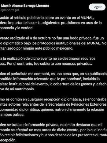 El funcionario aprovechó sus redes sociales para dar a conocer su versión de los hechos (X/@mborregol)