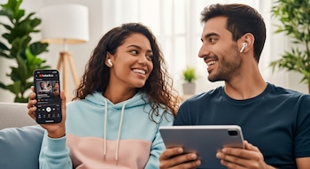 Una pareja sonríe mientras comparte