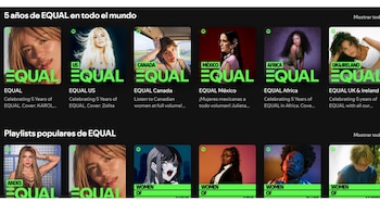 Captura de pantalla de la sección EQUAL de Spotify, mostrando filas de portadas de playlists con mujeres artistas y el título '5 años de EQUAL'