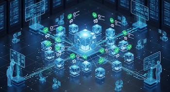 Imagen digital de un cubo central brillante rodeado de cubos más pequeños conectados por líneas, con marcas de verificación, símbolos criptográficos y figuras humanoides en pantallas.