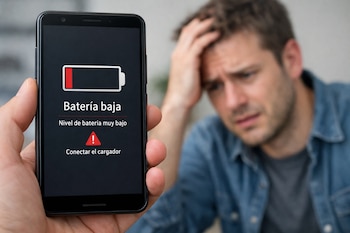 Una mano sostiene un celular Android con la pantalla mostrando 'Batería baja'. Al fondo, un hombre difuminado se toca la cabeza con expresión de preocupación.