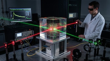 Un científico con bata de laboratorio y gafas de seguridad manipula un sistema de almacenamiento de datos holográfico con láseres verdes y rojos, dentro de un laboratorio oscuro.