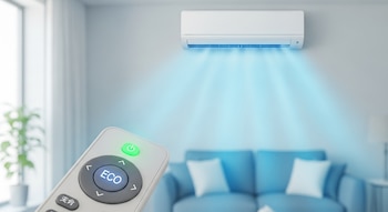 Plano de un control remoto con el botón 'ECO' iluminado y un aire acondicionado en funcionamiento que expulsa aire fresco en una sala decorada con un sofá azul y cojines.