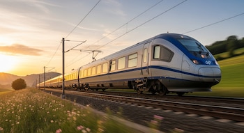 Tren eléctrico plateado y azul en movimiento sobre las vías, con campos verdes y flores rosadas en primer plano, y un atardecer naranja brillante en el fondo.