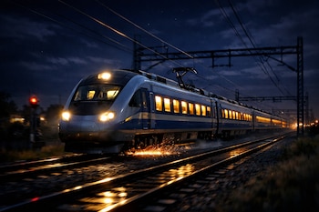 Un tren eléctrico moderno, azul y blanco, con luces encendidas, viajando de noche por las vías. Se observan chispas bajo el tren y postes de catenaria.