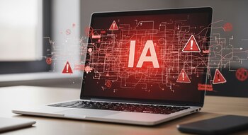 Computadora portátil con la palabra "IA" en rojo brillante en su pantalla, rodeada de código desordenado e iconos de advertencia. El fondo está desenfocado.