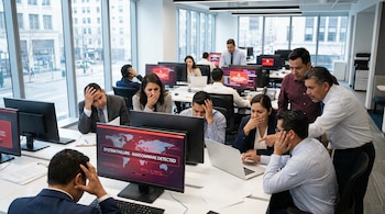Empleados latinos en oficina mirando preocupados sus computadoras con mensajes de ransomware en las pantallas
