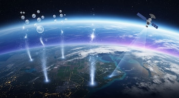Vista conceptual de la Tierra desde el espacio con capas atmosféricas, moléculas de metano ascendiendo y un satélite en órbita.