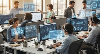 Oficina moderna con siete empleados usando computadoras y pantallas con gráficos de datos. Interfaces de IA flotan sobre monitores. Varios usuarios llevan auriculares.