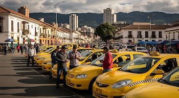 Una fila de taxis amarillos estacionados en una calle con taxistas de pie; al fondo, edificios coloniales, gente y montañas bajo un cielo nublado.