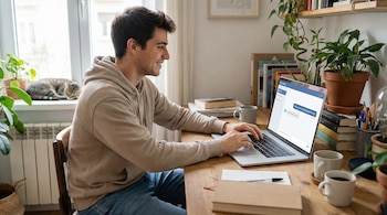 Un joven de perfil derecho, sonriente, sentado en un escritorio de madera, tecleando en una laptop con una ventana de chatbot visible. Un gato duerme en la ventana.