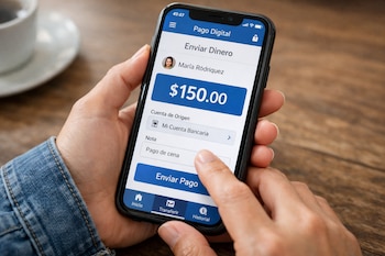 Primer plano de manos sosteniendo un smartphone con una aplicación de pagos digitales, mostrando una transferencia de $150.00 a María Rodríguez.