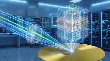 Ilustración de almacenamiento de datos holográfico: haces de luz inciden en un disco dorado, proyectando cubos de datos binarios flotantes en un entorno de centro de datos.