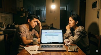 Un hombre y una mujer sentados en una mesa de madera por la noche, observando la pantalla de una laptop. Hay papeles, una taza y una calculadora