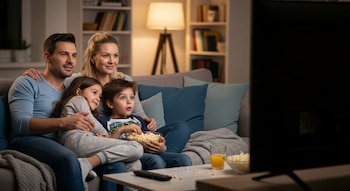 Una familia de cuatro (dos adultos, una niña, un niño) sentada en un sofá gris viendo televisión en una sala poco iluminada. Hay palomitas y bebida en la mesa.