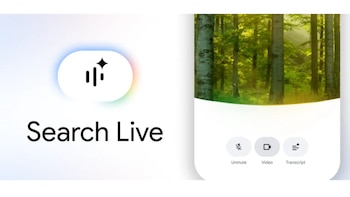 Logotipo de 'Search Live' con icono de ondas y brillo. A la derecha, interfaz de aplicación móvil con un bosque de fondo y controles de audio/video