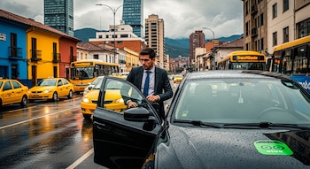 Un hombre en traje azul se sube a un coche negro en una calle mojada de Bogotá, con taxis amarillos y buses TransMilenio detrás, y edificios coloridos.