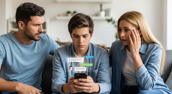 Un adolescente de 15 años sentado en un sofá oscuro, mirando su celular con un chatbot visible en la pantalla. Un hombre y una mujer, sus padres, lo observan preocupados.