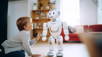 Imagen que ilustra robots interactuando con niños en casa, ejemplificando la inteligencia artificial en el ámbito doméstico. Una visión del futuro que mezcla tecnología y experiencias infantiles. (Imagen ilustrativa Infobae)
