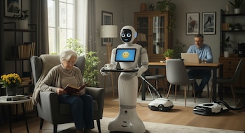 En un salón, un robot blanco con pantalla de cara sonriente sirve una bebida a una mujer mayor que lee en un sillón, con un hombre en portátil al fondo y robots de limpieza.