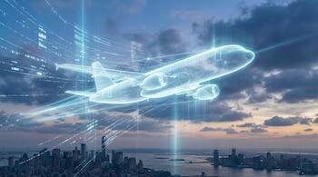 Un holograma azul brillante de un avión de pasajeros sobrevuela una ciudad, con líneas de datos digitales que se extienden desde y hacia él.