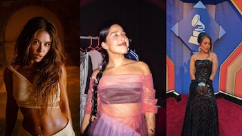 Collage de tres imágenes: Juliana Velásquez con cabello ondulado, Michelle Zauner en un vestido rosa y lila, y Trina en un vestido negro con lentejuelas en alfombra roja