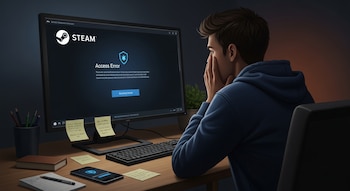 Un joven sentado frente a un escritorio observa preocupado la pantalla de su ordenador, donde aparece un mensaje de error de acceso en Steam. En el escritorio hay notas adhesivas, un libro, un teléfono móvil y útiles de oficina.