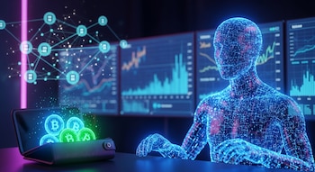 Una figura digital abstracta de IA de color azul brillante se sienta frente a pantallas con gráficos de criptomonedas. Una billetera con monedas Bitcoin y una red blockchain son visibles.