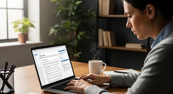 Una mujer sentada en un escritorio de madera, enfocada en una laptop abierta que muestra un currículum. A su lado, una taza de café humeante y un portalápices.