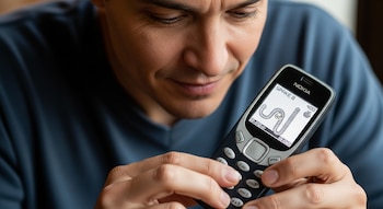 Persona adulta sosteniendo un Nokia 1100 y jugando Snake II en la pantalla del teléfono.