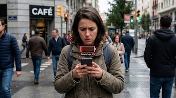 Mujer preocupada mira la pantalla de su celular con advertencia de batería baja en una calle concurrida