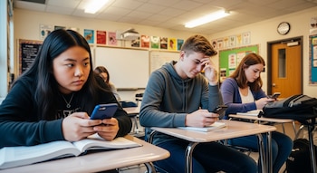 Tres adolescentes sentados en escritorios de aula mirando sus teléfonos móviles. Una chica asiática a la izquierda, un chico caucásico en el centro y una chica a la derecha.