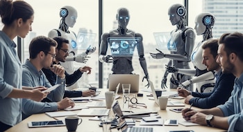 Una mesa de reuniones donde jóvenes profesionales y robots con pantallas holográficas interactúan, con laptops y documentos. Ventanas de una ciudad al fondo.