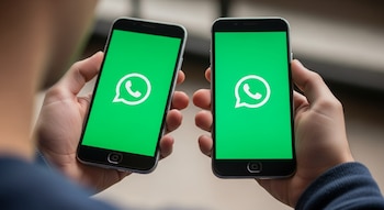 Manos de una persona sosteniendo dos celulares con el logo de WhatsApp en sus pantallas.