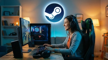 Una mujer sonriente con auriculares y micrófono juega en un PC gaming con monitor, teclado y mouse. Un logo iluminado de Steam adorna la pared trasera.