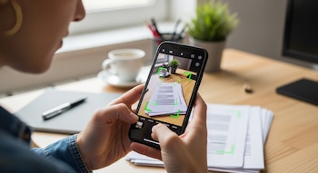 Primer plano de una persona escaneando documentos con un teléfono móvil. Se ven sus manos sosteniendo el celular, papeles y un escritorio de madera.