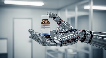 Primer plano de una mano de robot metálica y detallada sujetando un frasco de medicamento marrón con etiqueta blanca en un laboratorio.