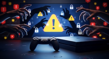 Varios manos sombrías se acercan a una consola y control de videojuegos, mientras en la pantalla aparecen un gran signo de advertencia y símbolos de candado, representando amenazas de ciberseguridad en los videojuegos.