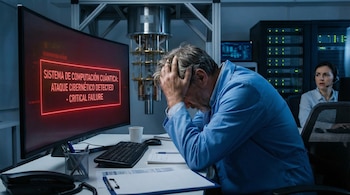 Científico con manos en cabeza, frente a monitor rojo: "Ataque Cibernético" en sistema cuántico. Colega y equipo de laboratorio atrás.