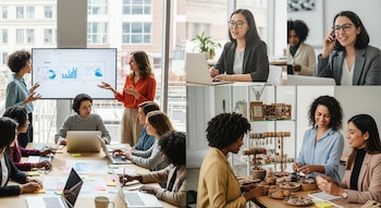 Varias mujeres trabajando juntas en oficina, con computadoras y presentaciones, y atendiendo un negocio de joyas.