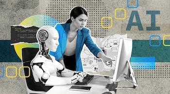 Una mujer entrena a un robot humanoide blanco frente a una computadora, con gráficos de circuitos y texto 'AI' en el fondo, mostrando interacción tecnológica.
