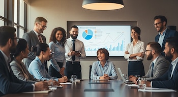 Grupo diverso de profesionales de negocios sonriendo en una sala de conferencias moderna con una pantalla mostrando gráficos detrás. Algunos sentados, otros de pie.